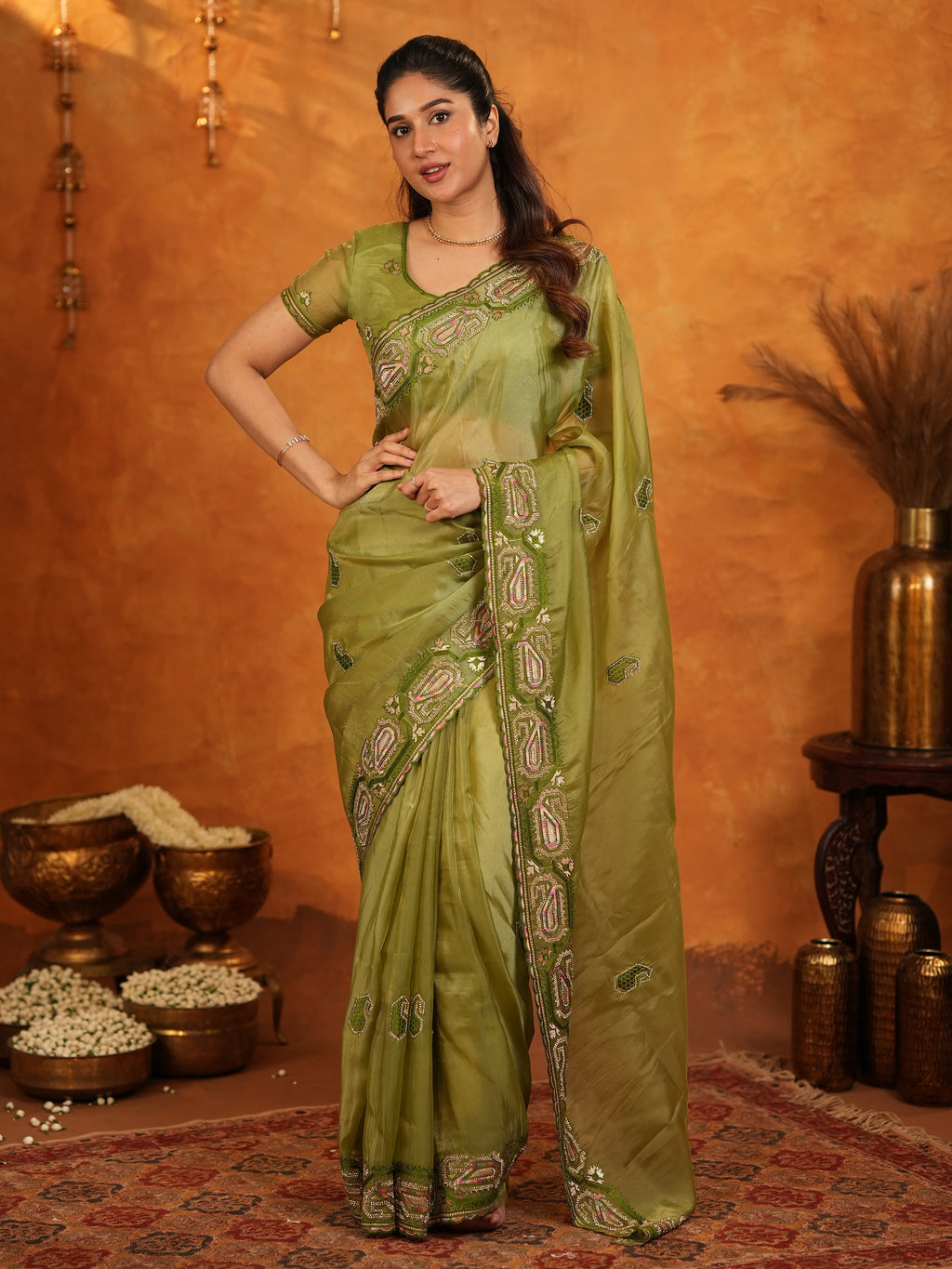 Olive Green Fendy Satin Embroidered Saree with Geometric Border & Elegant Designer Pallu | Festive & Wedding Wear Saree with Blouse