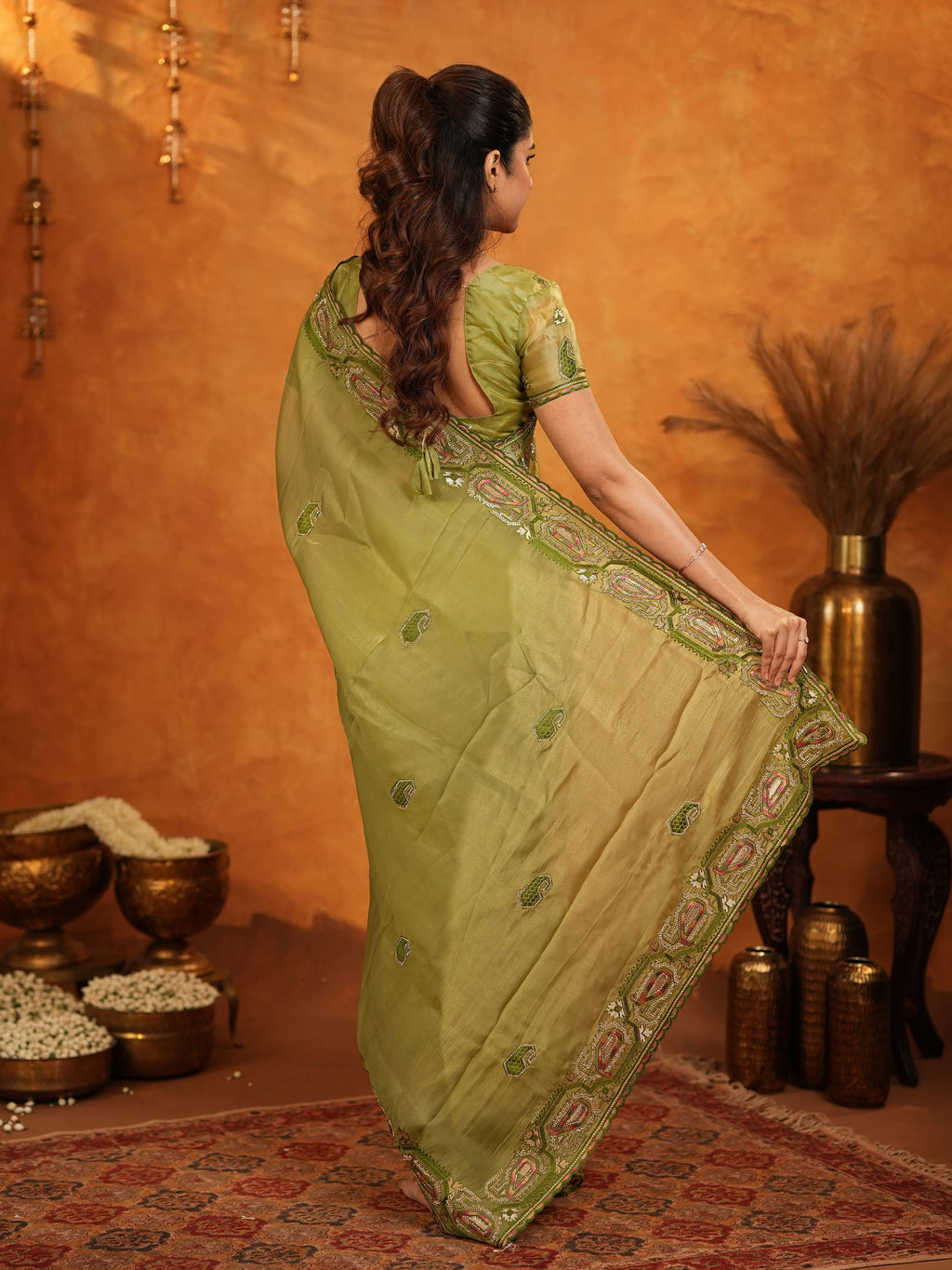 Olive Green Fendy Satin Embroidered Saree with Geometric Border & Elegant Designer Pallu | Festive & Wedding Wear Saree with Blouse
