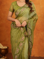 Olive Green Fendy Satin Embroidered Saree with Geometric Border & Elegant Designer Pallu | Festive & Wedding Wear Saree with Blouse