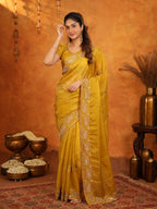 Mustard Yellow Fendy Satin Embroidered Saree with Geometric Border & Rich Designer Pallu | Festive Wedding Wear Saree with Blouse