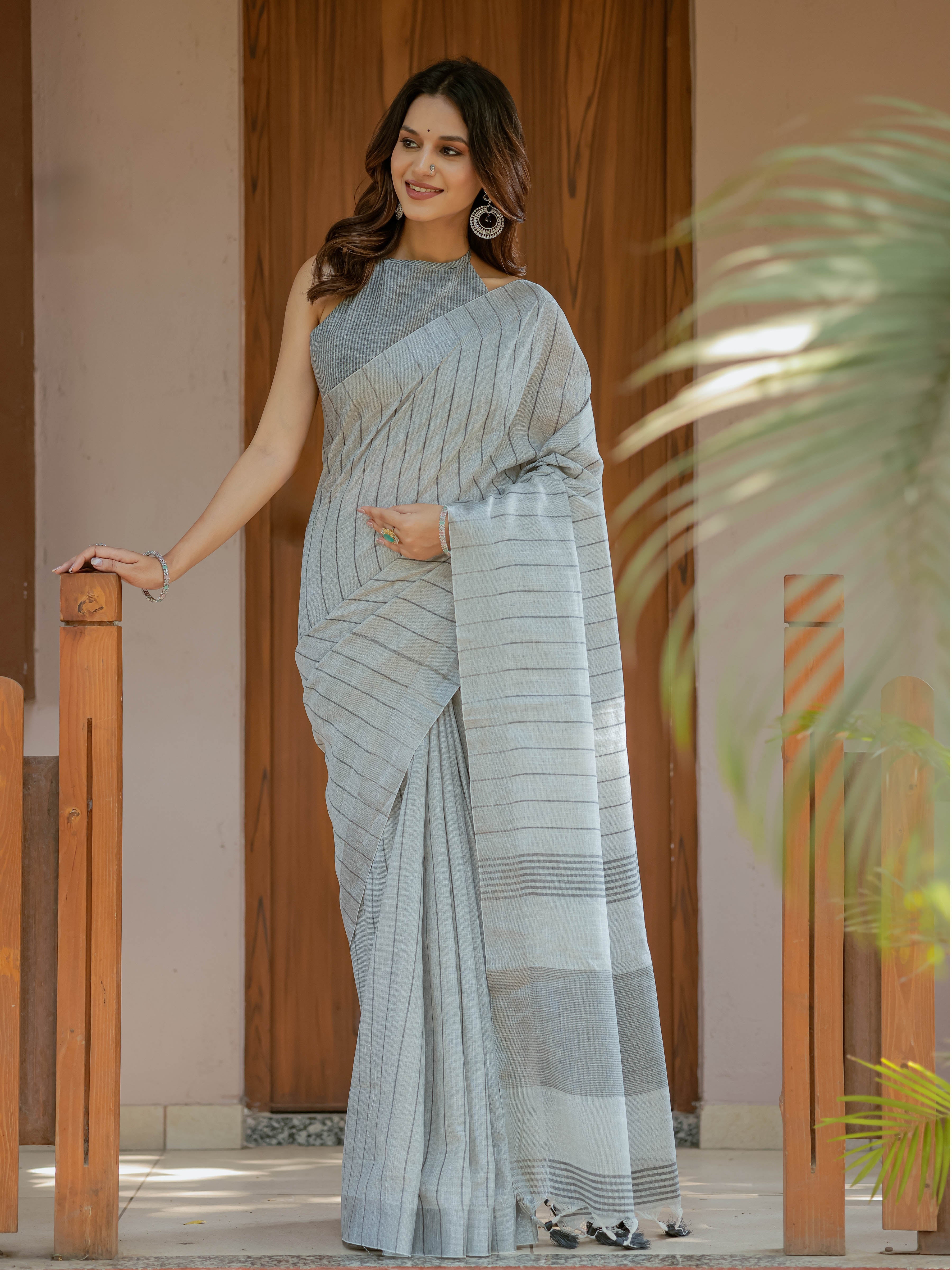 Elegant Ash Grey Handloom Cotton Saree with Minimal Striped Weaving & Tassel Detailing