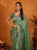 Sage Green Fendy Satin Embroidered Saree with Geometric Border & Designer Pallu | Elegant Festive & Wedding Wear Saree with Blouse