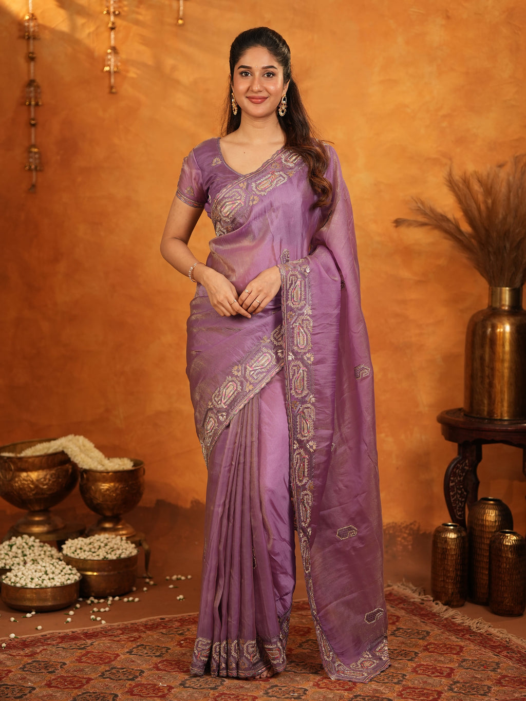 Lavender Purple Fendy Satin Embroidered Saree with Geometric Border & Elegant Designer Pallu | Festive & Wedding Wear Saree with Blouse