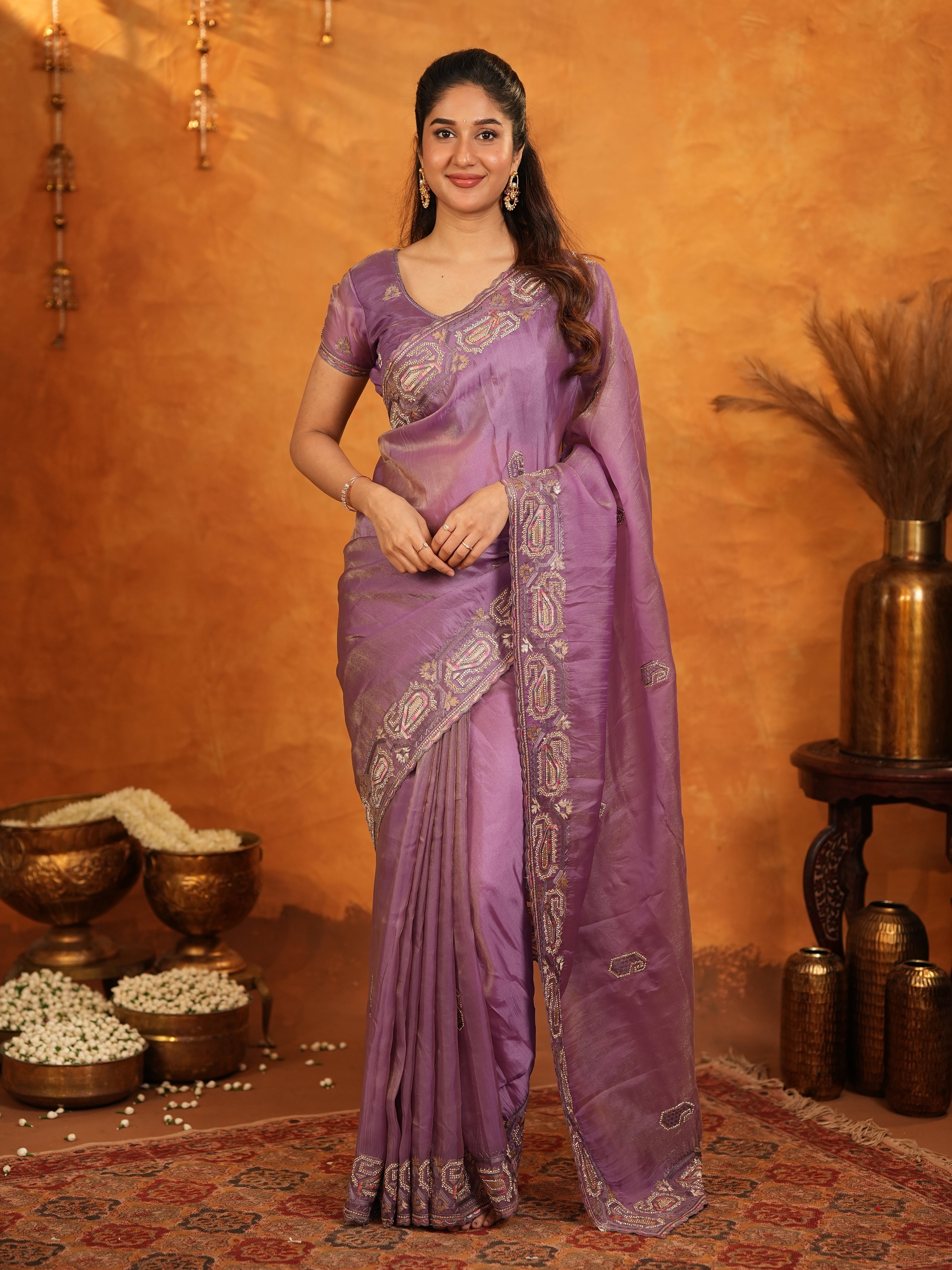 Lavender Purple Fendy Satin Embroidered Saree with Geometric Border & Elegant Designer Pallu | Festive & Wedding Wear Saree with Blouse