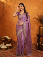 Lavender Purple Fendy Satin Embroidered Saree with Geometric Border & Elegant Designer Pallu | Festive & Wedding Wear Saree with Blouse