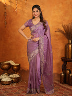 Lavender Purple Fendy Satin Embroidered Saree with Geometric Border & Elegant Designer Pallu | Festive & Wedding Wear Saree with Blouse