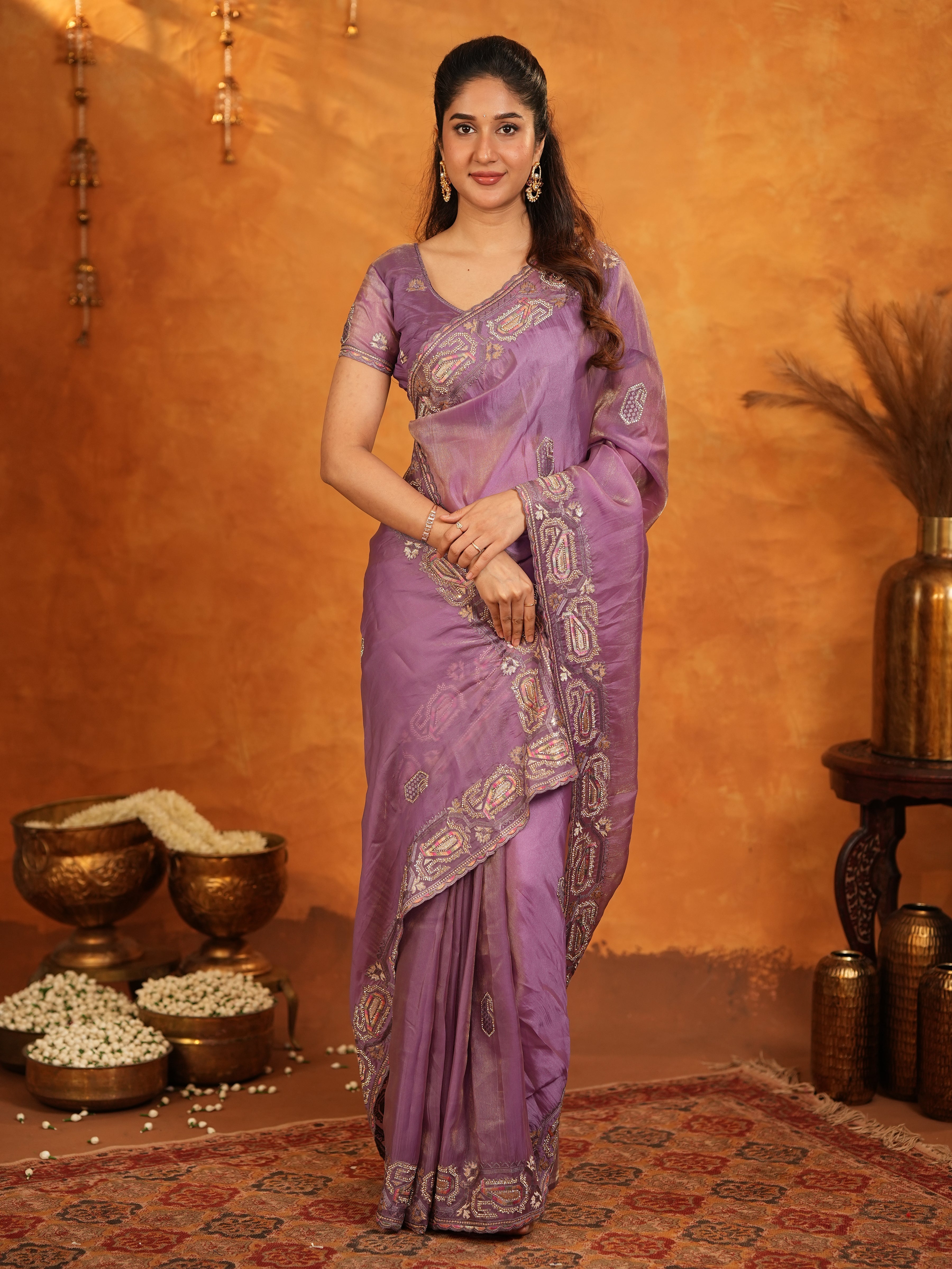 Lavender Purple Fendy Satin Embroidered Saree with Geometric Border & Elegant Designer Pallu | Festive & Wedding Wear Saree with Blouse