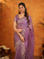Lavender Purple Fendy Satin Embroidered Saree with Geometric Border & Elegant Designer Pallu | Festive & Wedding Wear Saree with Blouse