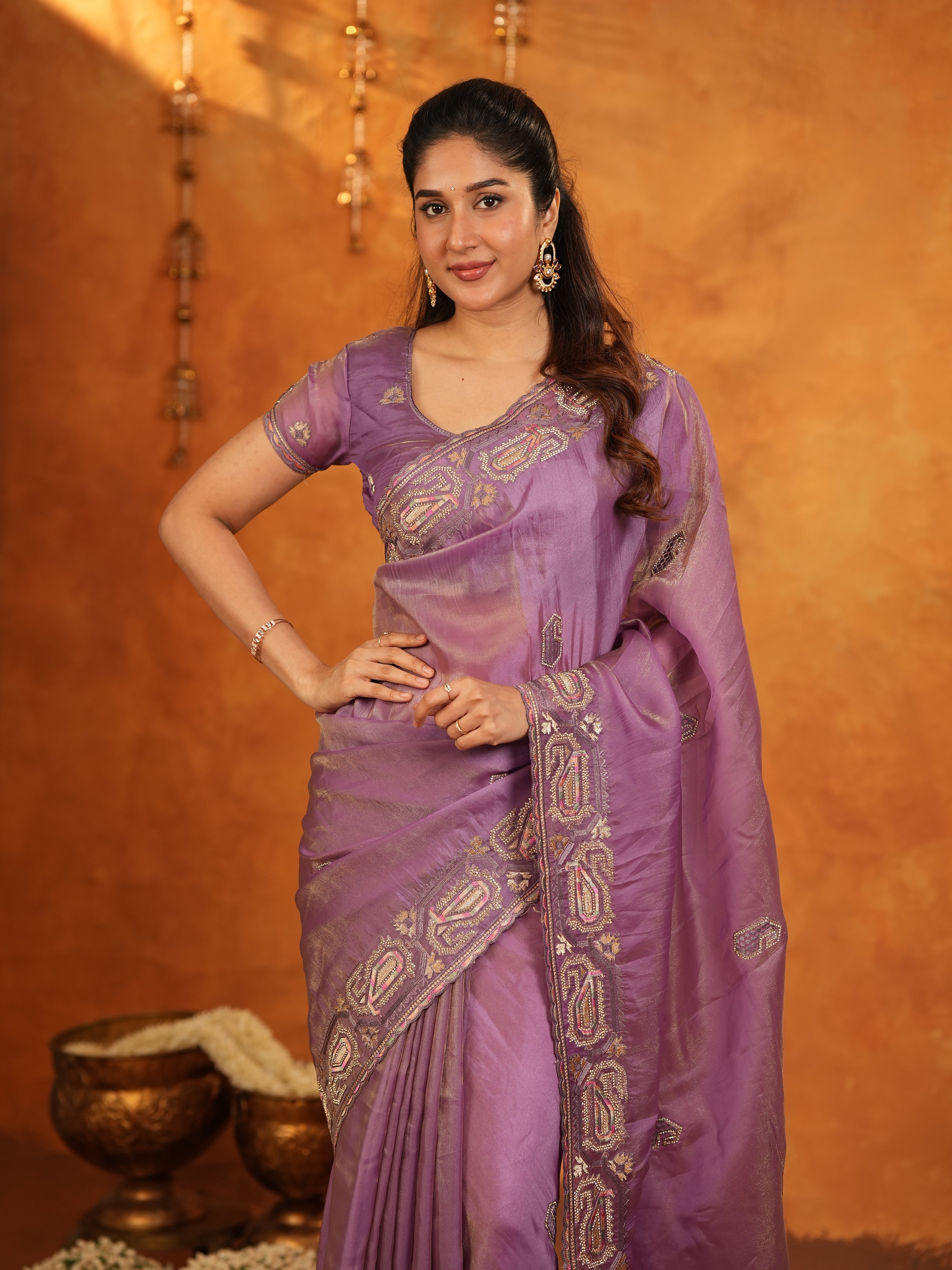Lavender Purple Fendy Satin Embroidered Saree with Geometric Border & Elegant Designer Pallu | Festive & Wedding Wear Saree with Blouse