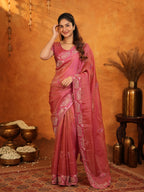 Rose Pink Fendy Satin Embroidered Saree with Geometric Border & Elegant Designer Pallu | Festive & Wedding Wear Saree with Blouse