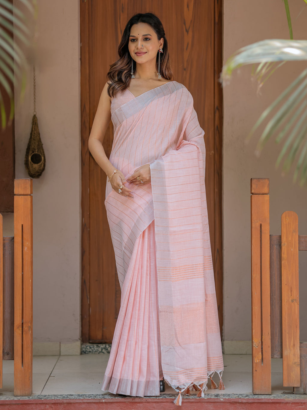 Soft Baby Pink Handloom Cotton Saree with Silver Border & Tassel Detailing