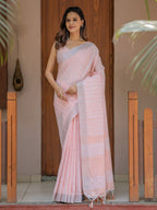 Soft Baby Pink Handloom Cotton Saree with Silver Border & Tassel Detailing
