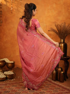 Rose Pink Fendy Satin Embroidered Saree with Geometric Border & Elegant Designer Pallu | Festive & Wedding Wear Saree with Blouse