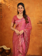 Rose Pink Fendy Satin Embroidered Saree with Geometric Border & Elegant Designer Pallu | Festive & Wedding Wear Saree with Blouse