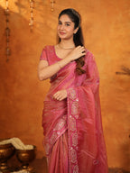 Rose Pink Fendy Satin Embroidered Saree with Geometric Border & Elegant Designer Pallu | Festive & Wedding Wear Saree with Blouse