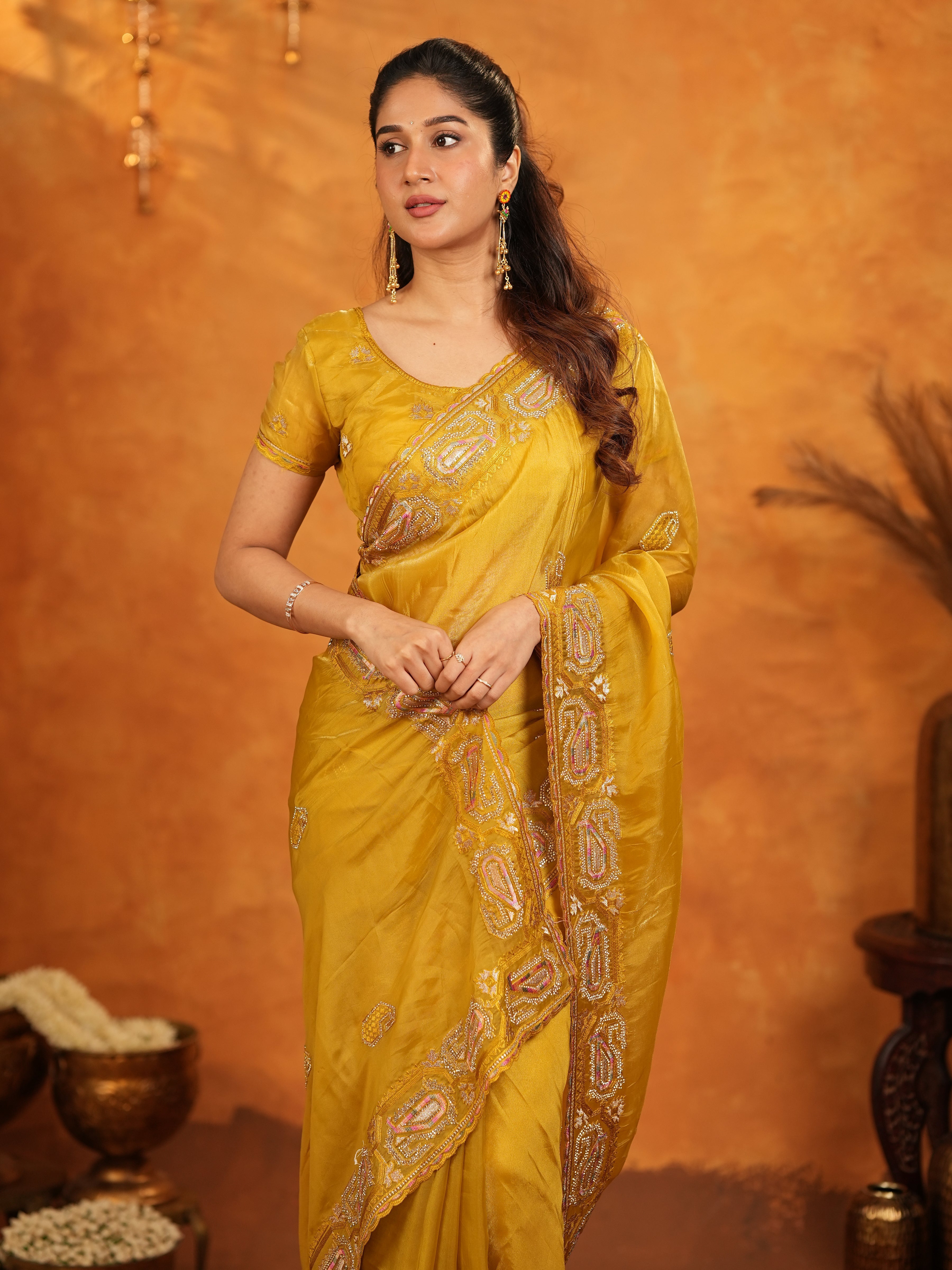 Mustard Yellow Fendy Satin Embroidered Saree with Geometric Border & Rich Designer Pallu | Festive Wedding Wear Saree with Blouse