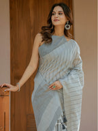 Elegant Ash Grey Handloom Cotton Saree with Minimal Striped Weaving & Tassel Detailing
