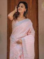 Soft Baby Pink Handloom Cotton Saree with Silver Border & Tassel Detailing