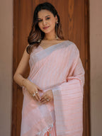 Soft Baby Pink Handloom Cotton Saree with Silver Border & Tassel Detailing