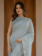 Elegant Ash Grey Handloom Cotton Saree with Minimal Striped Weaving & Tassel Detailing