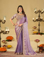 Lavender Designer Fendy Satin Saree with Heavy Embroidered Blouse & Stone Work Border | Premium Wedding Party Wear Saree