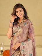 Lavender Designer Fendy Satin Saree with Multicolor Paisley Embroidery & Heavy Embroidered Border | Elegant Festive Party Wear Saree