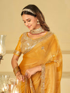 Mustard Yellow Designer Fendy Satin Saree with Heavy Embroidered Blouse & Sequin Border | Premium Wedding Party Wear Saree
