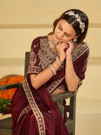 Wine Purple Designer Fendy Satin Saree with Heavy Embroidered Blouse & Zari Border | Premium Wedding & Festive Wear Saree