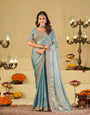Sky Blue Designer Fendy Satin Saree with Heavy Embroidered Blouse & Stone Work Border | Premium Wedding Party Wear Saree
