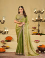 Pista Green Designer Fendy Satin Saree with Heavy Embroidered Blouse & Sequin Border | Premium Wedding Party Wear Saree