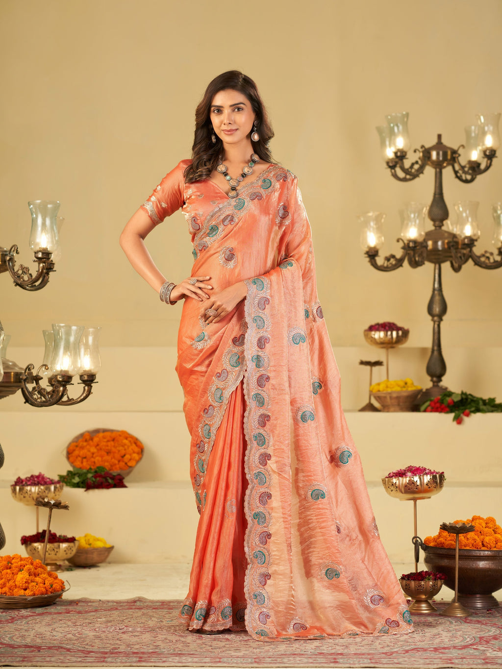 Peach Designer Fendy Satin Saree with Multicolor Paisley Embroidery & Scalloped Embroidered Border | Elegant Festive Party Wear Saree
