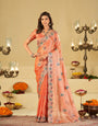 Peach Designer Fendy Satin Saree with Multicolor Paisley Embroidery & Scalloped Embroidered Border | Elegant Festive Party Wear Saree