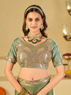 Sage Green Dual Tone Designer Fendy Satin Saree with Heavy Embroidered Blouse & Sequin Border | Premium Wedding Party Wear Saree