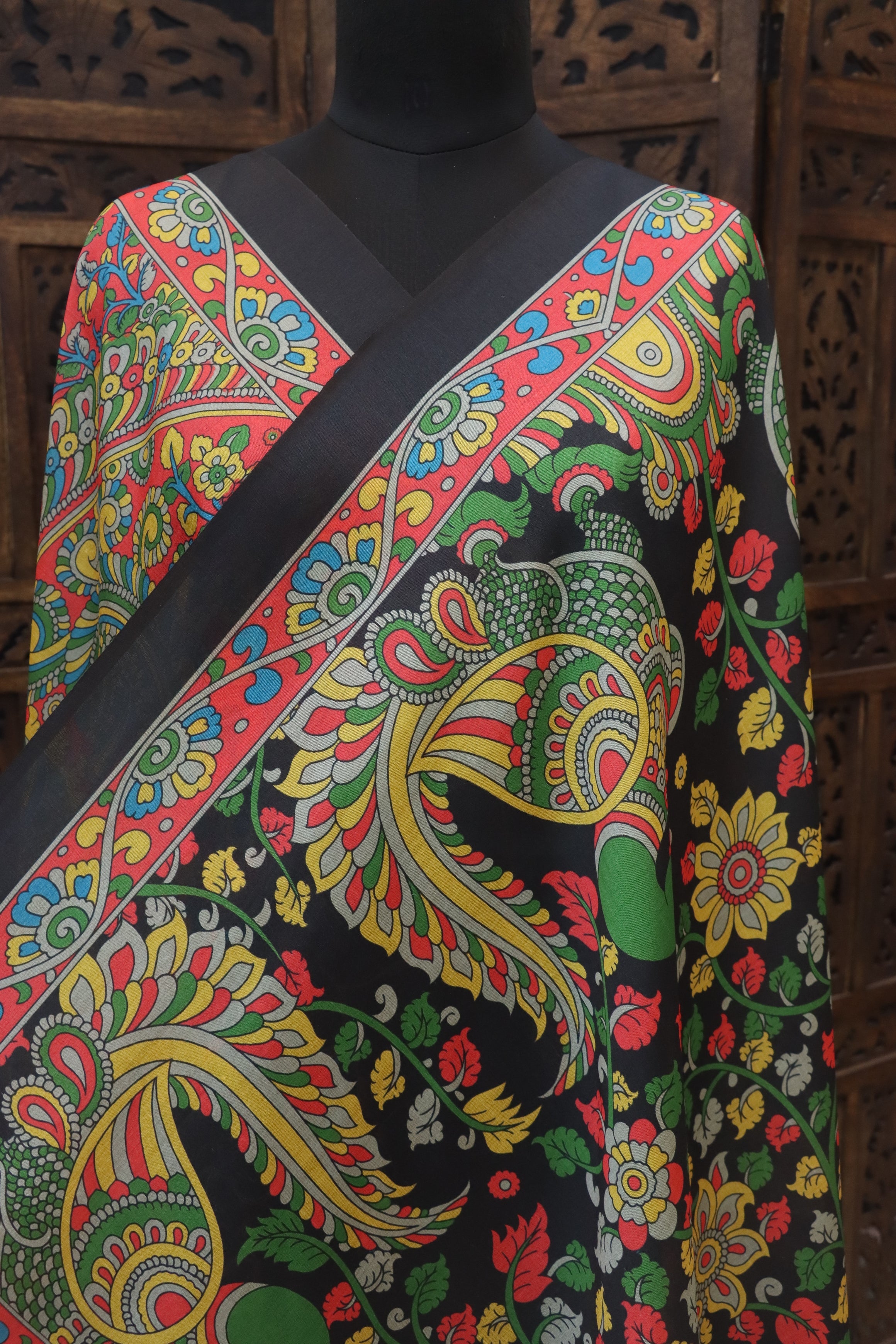 Black Malai Silk Dupatta with Multicolor Peacock & Paisley Folk Print and Contrast Border with Tassels