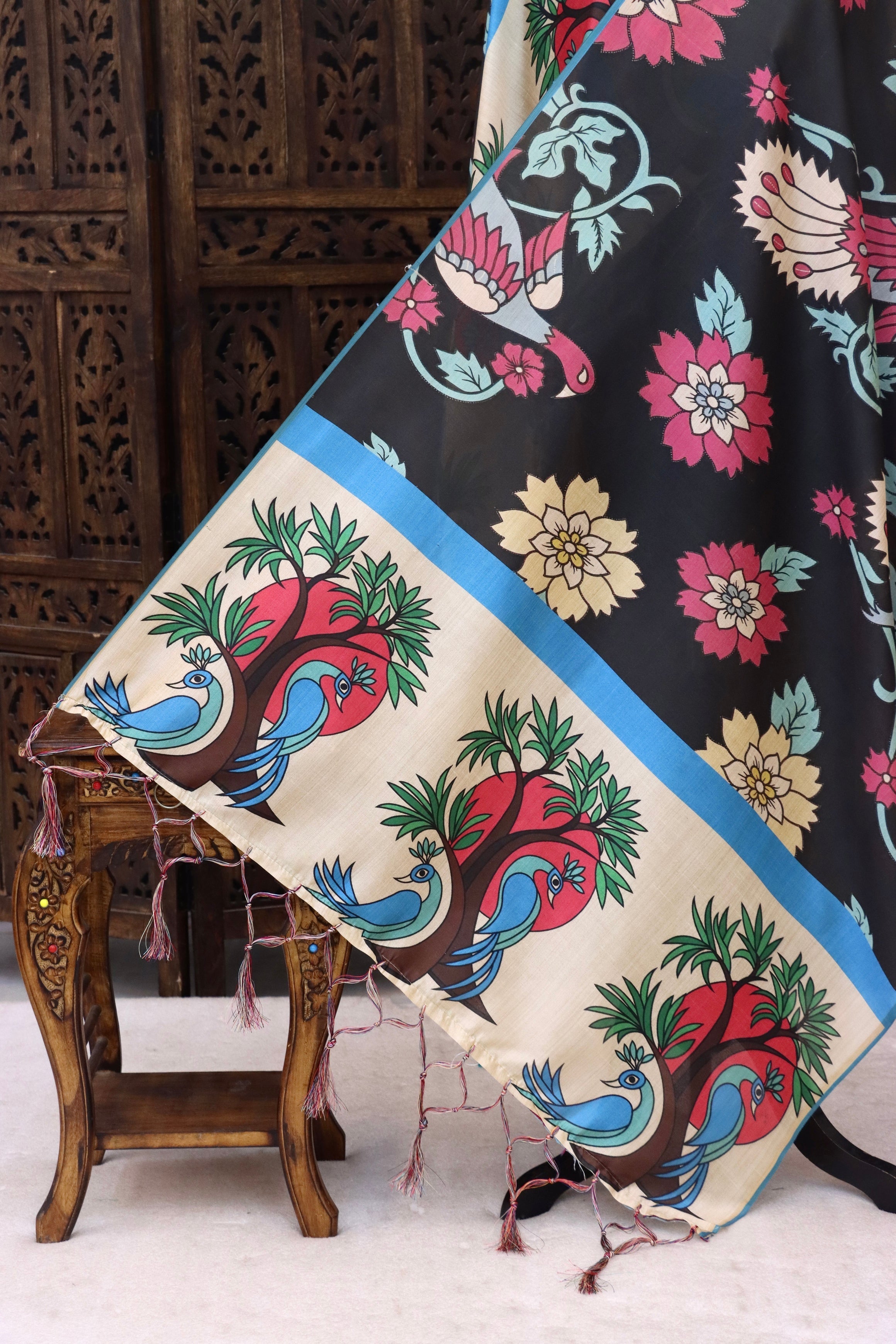 Black Malai Silk Dupatta with Floral Print Body, Bird & Tree Motif Border and Sky Blue Contrast Edging with Tassels