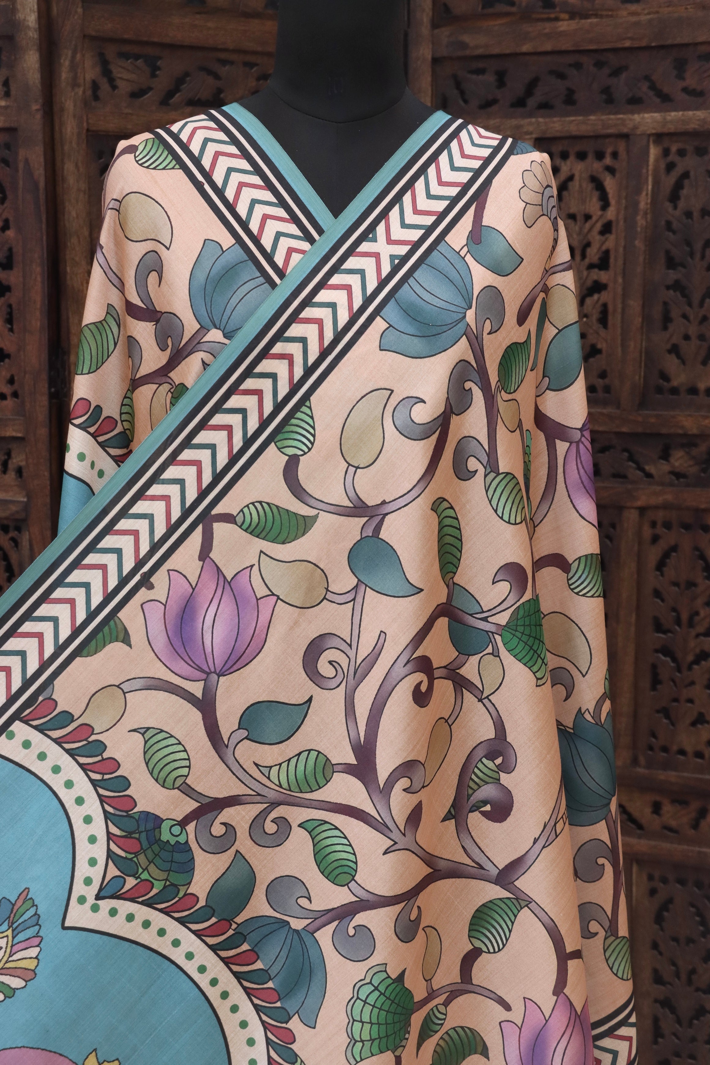 Beige & Teal Malai Silk Dupatta with Lotus Vine Print, Peacock Motif Panel & Geometric Contrast Border with Tassels