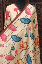 Beige Malai Silk Dupatta with Swan & Lotus Border, Floral Flow Print & Tassel Detailing