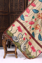 Beige Malai Silk Dupatta with Swan & Lotus Border, Floral Flow Print & Tassel Detailing