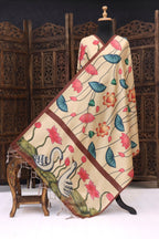 Beige Malai Silk Dupatta with Swan & Lotus Border, Floral Flow Print & Tassel Detailing