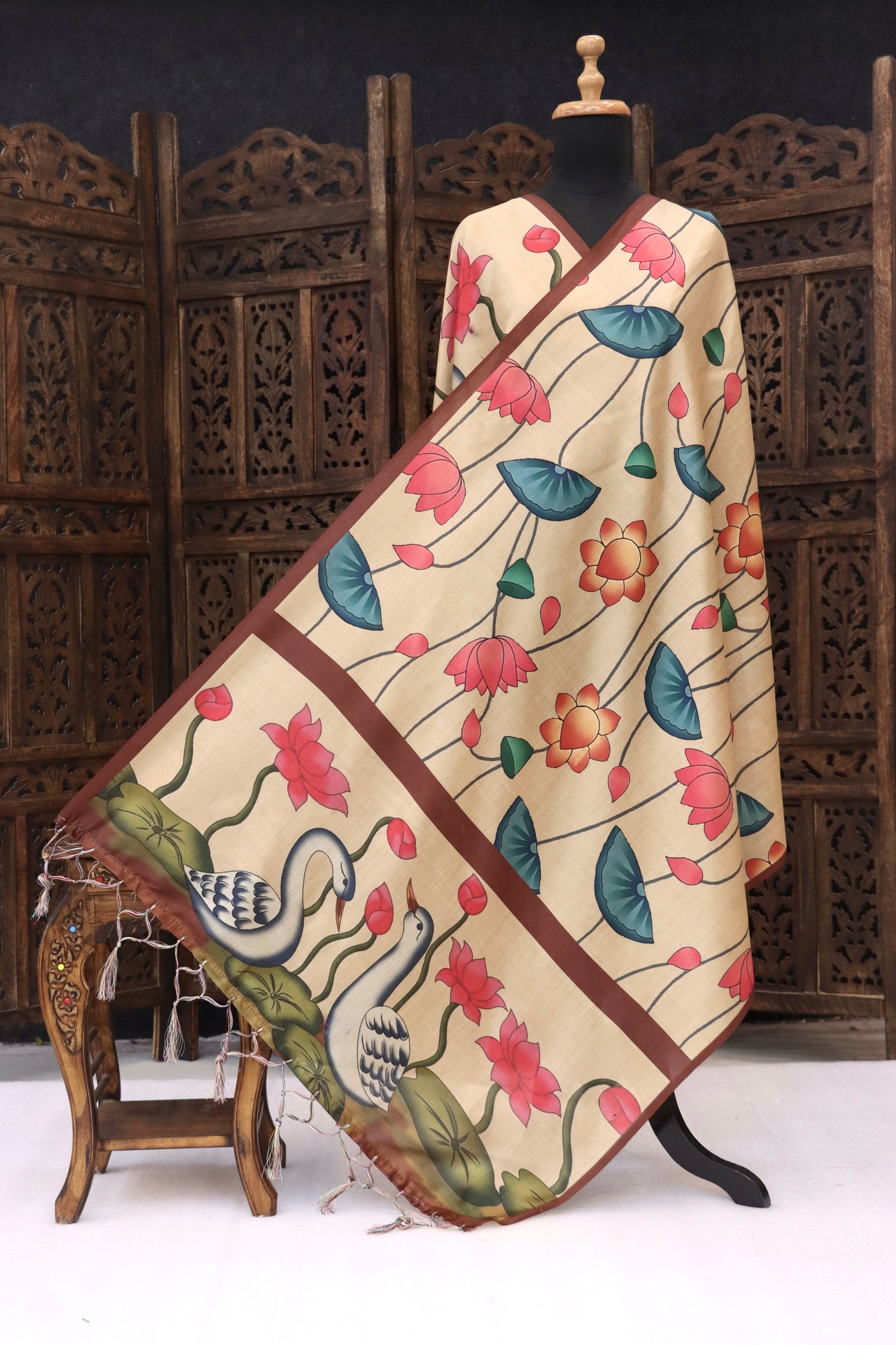 Beige Malai Silk Dupatta with Swan & Lotus Border, Floral Flow Print & Tassel Detailing