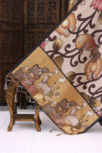 Beige & Mustard Malai Silk Dupatta with Floral Vine Artwork, Fish Motif & Traditional Cow Pallu Print