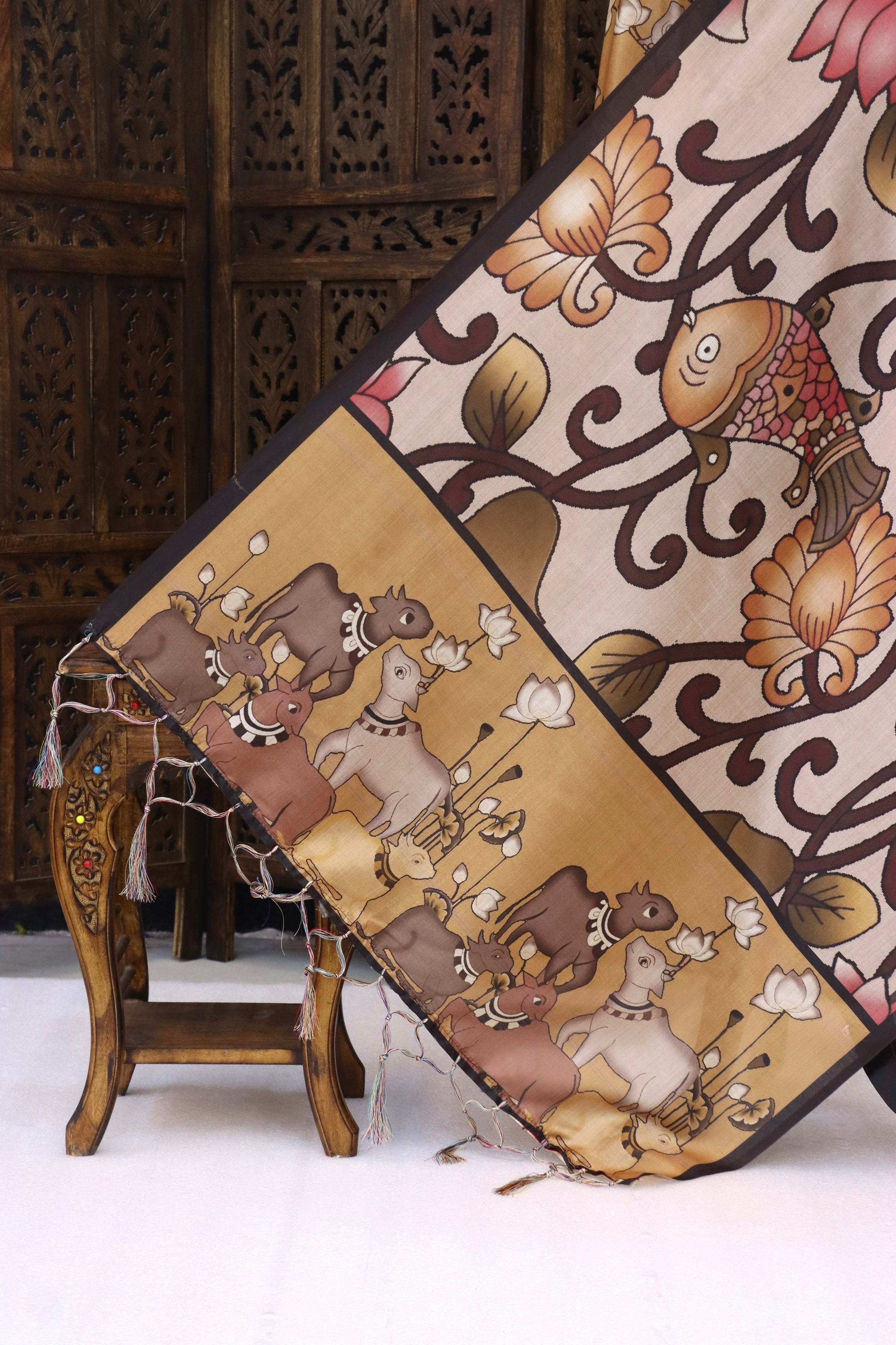 Beige & Mustard Malai Silk Dupatta with Floral Vine Artwork, Fish Motif & Traditional Cow Pallu Print