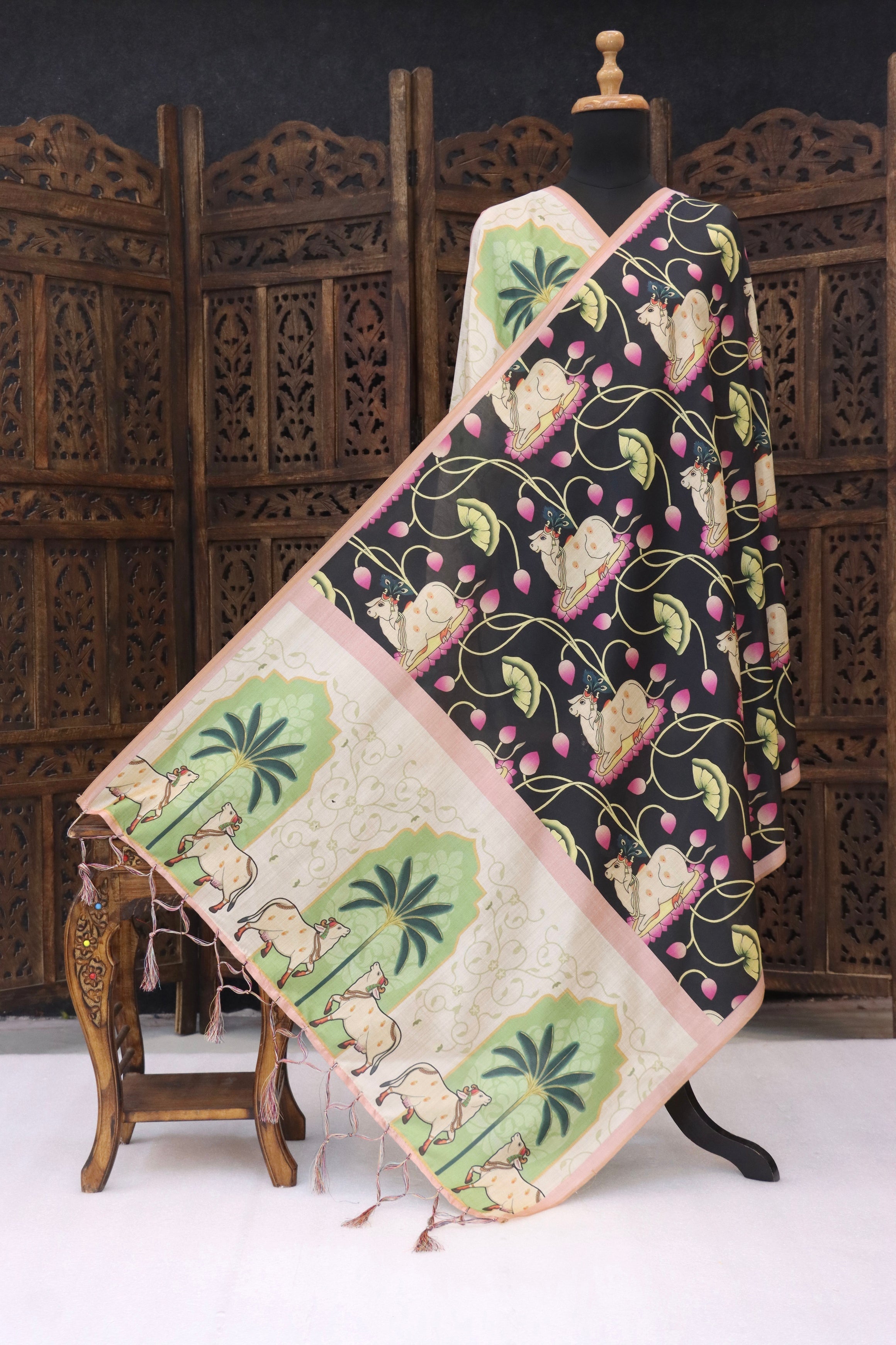 Black Malai Silk Dupatta with Cow Motif & Palm Tree Border – Folk Inspired Ethnic Elegance