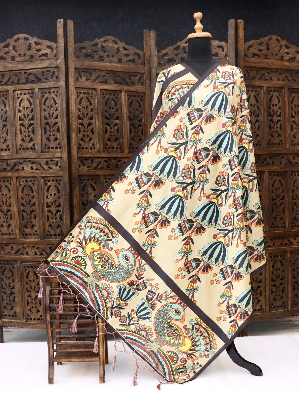 Beige Malai Silk Dupatta with Tribal Floral Print & Peacock Motif Border – Elegant Handcrafted Ethnic Stole