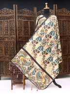 Beige Malai Silk Dupatta with Tribal Floral Print & Peacock Motif Border – Elegant Handcrafted Ethnic Stole