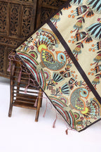 Beige Malai Silk Dupatta with Tribal Floral Print & Peacock Motif Border – Elegant Handcrafted Ethnic Stole