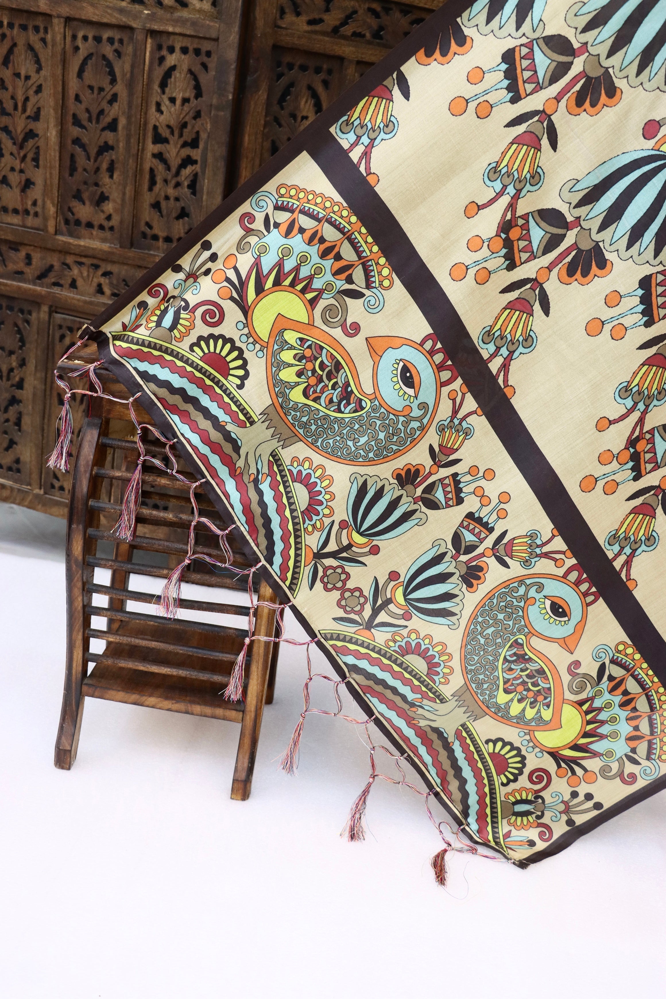 Beige Malai Silk Dupatta with Tribal Floral Print & Peacock Motif Border – Elegant Handcrafted Ethnic Stole