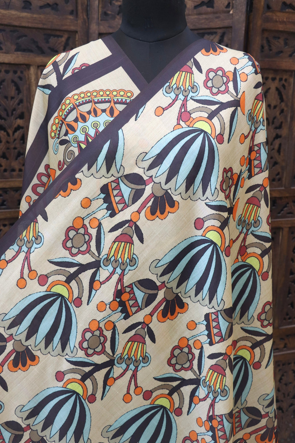 Beige Malai Silk Dupatta with Tribal Floral Print & Peacock Motif Border – Elegant Handcrafted Ethnic Stole