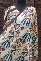 Beige Malai Silk Dupatta with Tribal Floral Print & Peacock Motif Border – Elegant Handcrafted Ethnic Stole