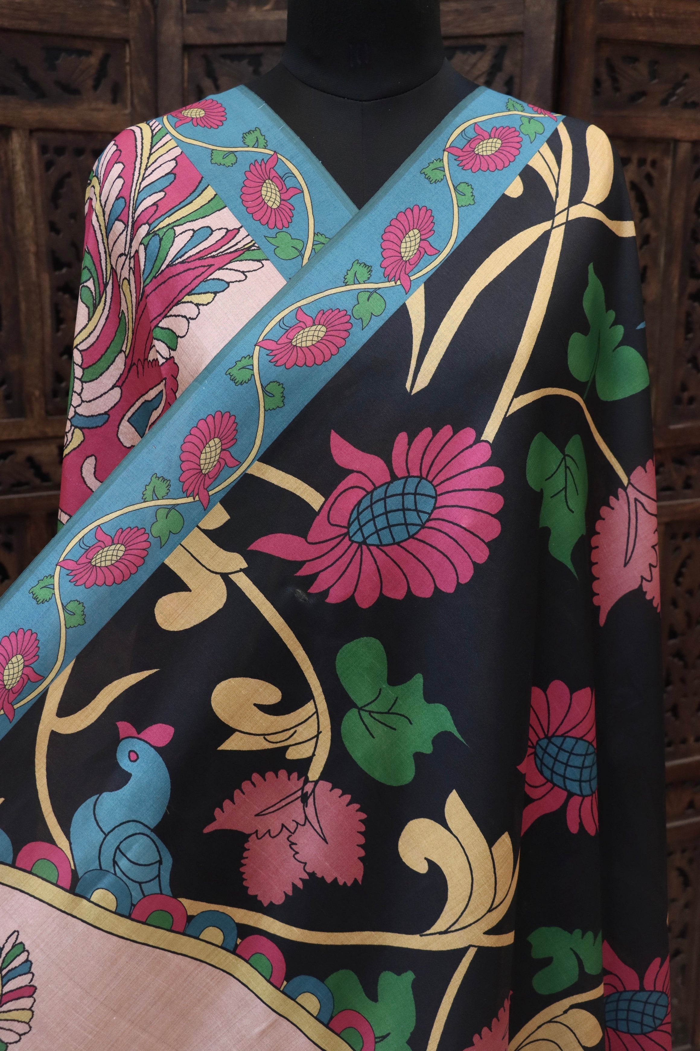 Black & Teal Malai Silk Dupatta with Peacock Motif & Floral Folk Print – Elegant Statement Ethnic Dupatta